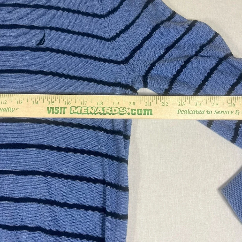 Nautica Mens Large Blue Black Striped V Neck Sweater Cotton Knit Pullover